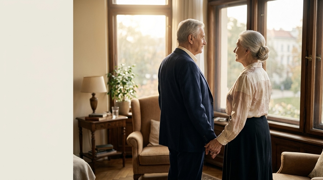 Halina i Tadeusz trzymają się za ręce przy oknie, dziś